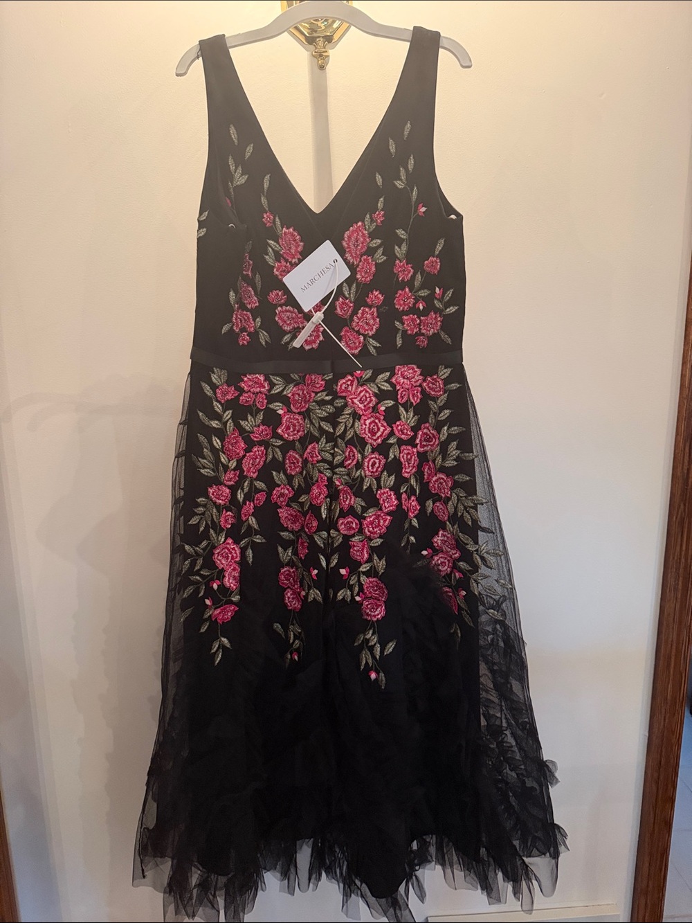 Marchesa Black Dress with Pink Floral Embroidery